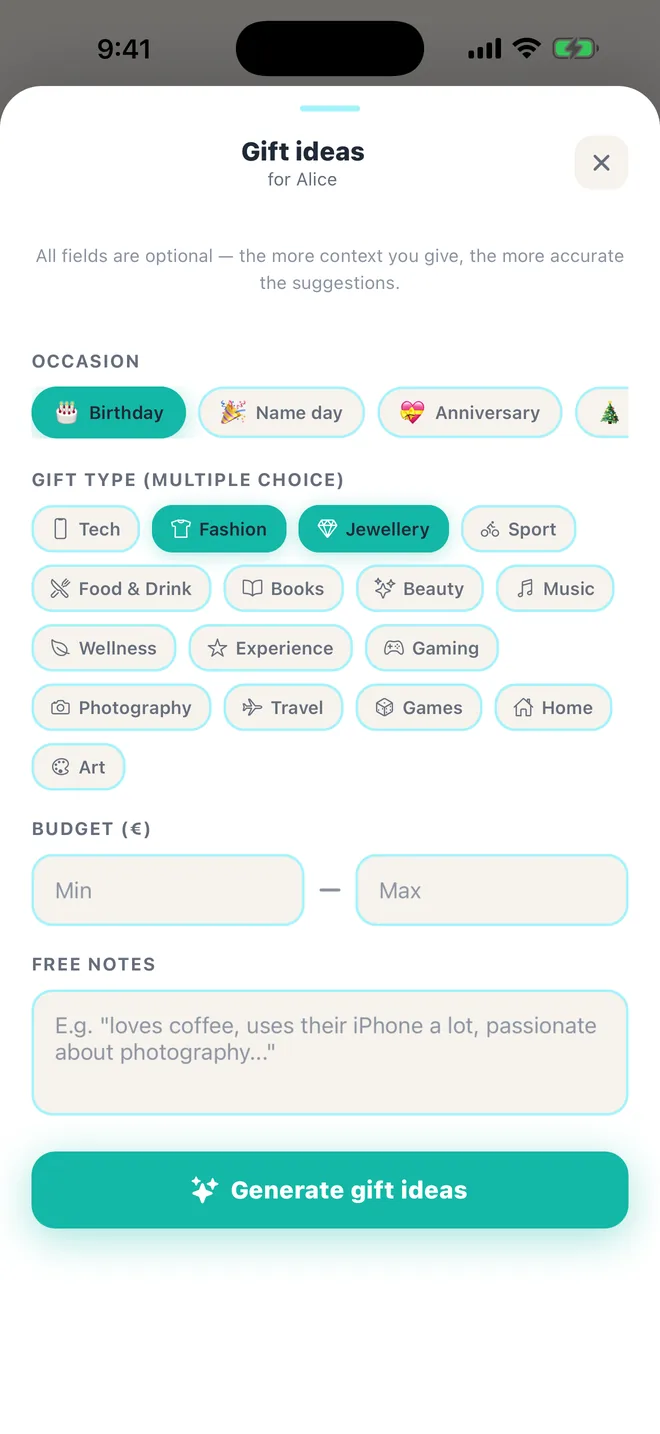 Occasione, tipo di regalo, budget e note: tu scegli, l'AI propone