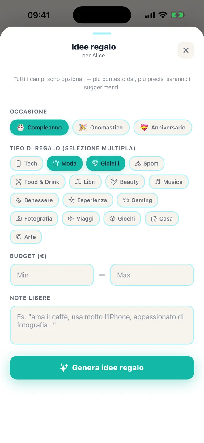 Occasione, tipo di regalo, budget e note: tu scegli, l'AI propone
